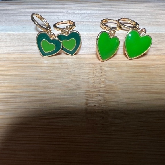 Jewelry - SALE💚 any 3 for $18 💚
 Hoop Huggie Heart Earrings Green Gold  NWT